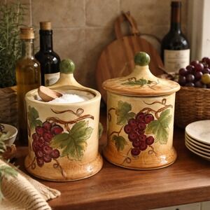 Charming Ceramic Canisters with Grapes and Leaves Set of 2 Vineyard Theme